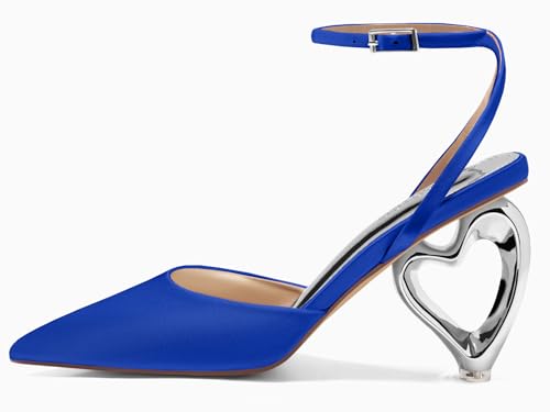 Image of Coutgo Womens Kitten Heels Closed Pointed Toe Heart Heel Ankle Strap Satin Pumps Wedding Prom Dress Valentine Shoes