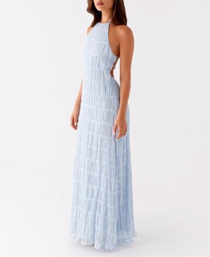 Image of Women Halter Ruched Maxi Dress Backless Sleeveless Long Dress Bodycon See Througn Pleated Sundress Beachwear