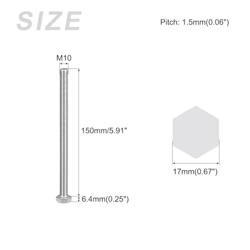 Image of METALLIXITY Hex Bolts (M10-1.5x150mm) 4Pcs, 304 Stainless Steel Coarse Fully Threaded Hex Head Screw Bolt Machine Screws - for Furniture Repair, Silver
