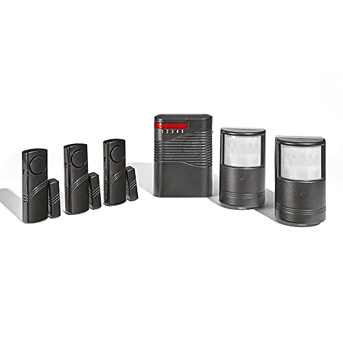 FISHTEC Alarmanlage kabellos – Komplettset mit 5 Überwachungspunkten (1 Empfänger 110 dB + 2 Bewegungsmelder + 3 Öffnungsmelder)