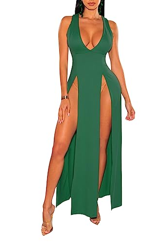 Image of Sexy Maxi Dress for Women Sleeveless High Split Deep V Neck Long Tank Dress