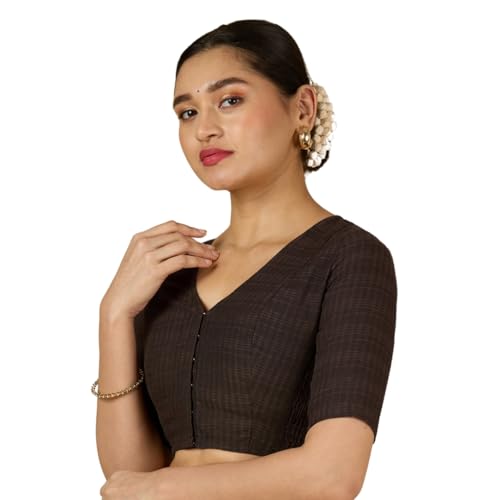 Image of Studio Shringaar Women Cotton Half Sleeve Madras Checks Saree Blouse with Stretchable Sides