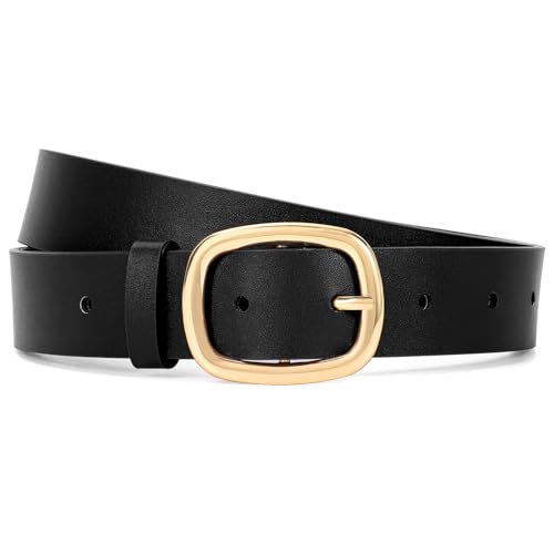 WHIPPY Women Leather Belt Casual Fashion Gold Buckle Leather Waist Belt for Jeans Pants Dresses Chic Ladies Belt