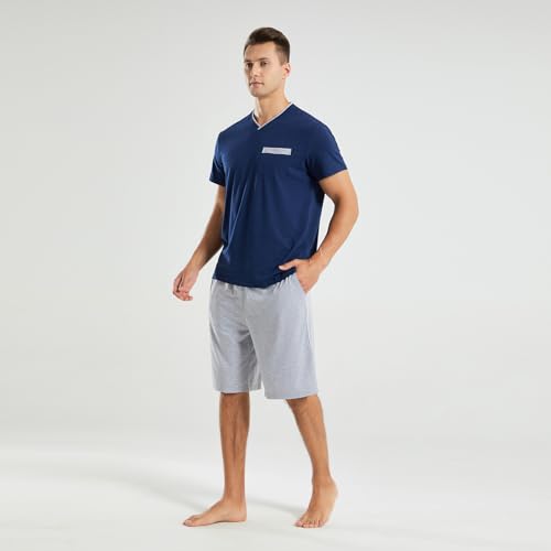 Men's Comfortable Short Sleeve Pajama Sets, V-Neck Top and Shorts Sleepwear Summer Pajamas2