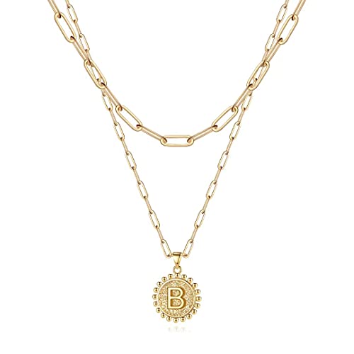 Layered Choker Necklaces for Women, 14K Gold Plated Dainty Layering Paperclip Chain Necklace Adjustable Letter B Initial Coin Pendant Necklaces Layered Gold Chain Necklaces for Women Jewelry Gifts