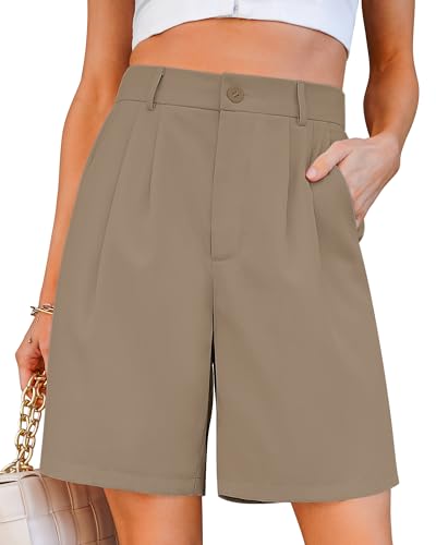 luvamia Bermuda Shorts for Women Dressy Casual High Waisted Summer Work Elastic Waist Pleated Dress Shorts with Pockets