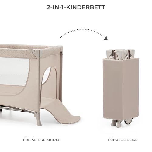 Kinderkraft Joy 2 Kinderbett, 2 in 1 Kinderreisebett, Babybetten, Kinderbett, Reisebett, Modernes Design, Kleine Abmessungen nach Zusammenklappe, Räder, Beige