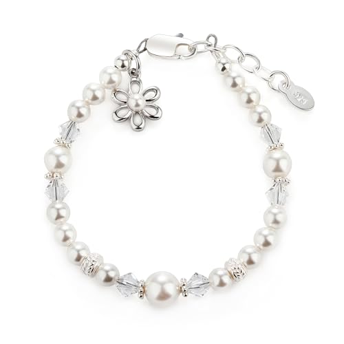 Cherished Moments Baby or Children's Sterling Silver Flower Girl Bracelet with High-End Simulated Pearls with Daisy Charm for Infants, Toddlers, Kids, or Little Girls