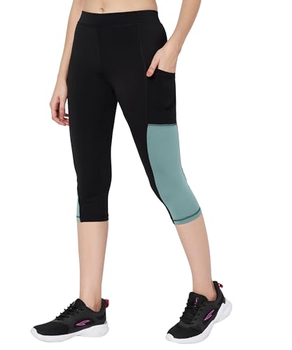 Image of Mehrang High-Waisted Capri Leggings with Side Pocket - Black & Contrast Color Block Activewear for Gym, Yoga, and Everyday Comfort for Women