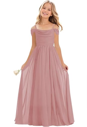 Junior Girls Off Shoulder Bridesmaid Dress for Wedding Chiffon Flower Girls Ruffles Flowy Summer Holiday Dress
