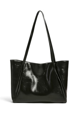 شنطة كتف جلدية للنساء | سعة كبيرة للعمل والمدرسة والسفر والاستخدام اليومي | انيقة مع احزمة طويلة | تصميم خفيف الوزن ومتين (اسود)