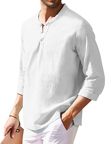 COOFANDY Mens Casual V Neck Long Sleeve T Shirts Button Basic Henley Shirt White XXXL