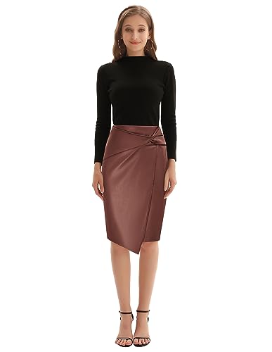 Image of Kate Kasin Women Faux Leather Midi Skirt, High Waist Wrap Bodycon Skirts