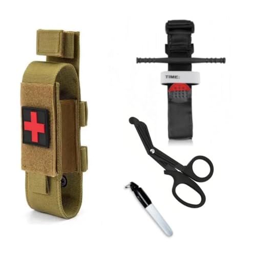 Pack Torniquete Táctico Botiquin de Primeros Auxilios para Hemorragias Emergencias en Senderismo Militar Enfermero Policía Montaña Control Pérdida Sangre Tijeras Funda IFAK (Arido/Caqui)