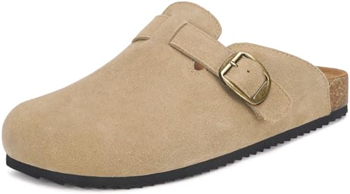 Image of Genuine Suede Clogs Womens Mens Cork Footbed Sandals Potato Shoes | Unisex Suede Leather Mules ,Arch Support,Adjustable Metal Buckle,Cork and Rubber,Wonderful Quality