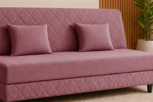 Image of Velvet Fabric Sofa Cum Bed | 3 Seater Sofa Bed | Premium Upholstered Folding Couch for Living Room, Guest Room & Bedroom | Quilted Backrest with 2 Cushions (Rose Pink)