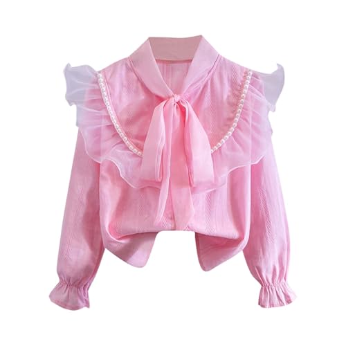 Girls Mesh Ruffle Bow Front Tie Neck Shirt Cute Pearl Decor Mock Neck Long Sleeve Blouse Top for 3-14 Years