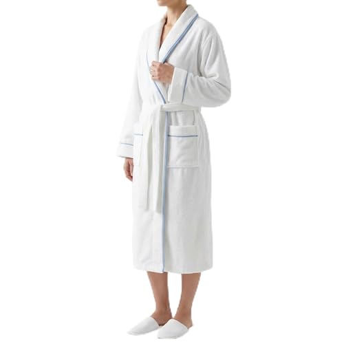 Jillien Harbor Womens Cotton Bathrobe – Towel Robe for Women in Soft Terry Cloth, Highly Absorbent Cotton Robes for Women with Refined Blue Piping, Cuffed Sleeves Medium to Large Fit — One Size, White