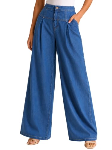 Image of GRECIILOOKS Women's High Waist Wide Leg Denim Jeans for Women Stylish | Korean Style Loose Fit Baggy Jeans | Casual Trendy Flared Denim Pants | Fashionable Relaxed Fit Bell Bottom Jeans with Pockets