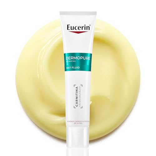 Eucerin DermoPure Clinical Mat Fluid (50 ml), crema de cara que controla los brillos durante 8 horas, fluido con fórmula clínica que combina Carnitina y Ácido Salicílico, absorbe el exceso de grasa