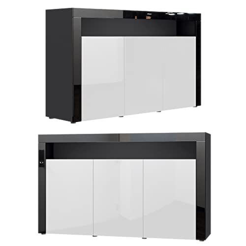 Vladon Valencia Sideboard, Cabinet with 3 Doors and 1 Open Compartment, Black matt/avola-anthracite/avola-anthracite (155 x 92 x 40 cm)