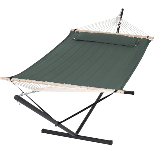Image of SUNCREAT Hammocks Extra Large Double Hammock with 12 ft Stand, 475lbs Capacity, Outdoor Portable Hammock with Hardwood Spreader Bar, Extra Large Pillow, Gray Green