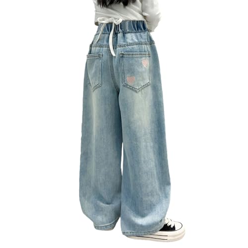 Girls' High Waist Wide Leg Jeans, Loose Denim Pants with Heart Embroidery - 4 Pockets Fashion Trousers for Girls3