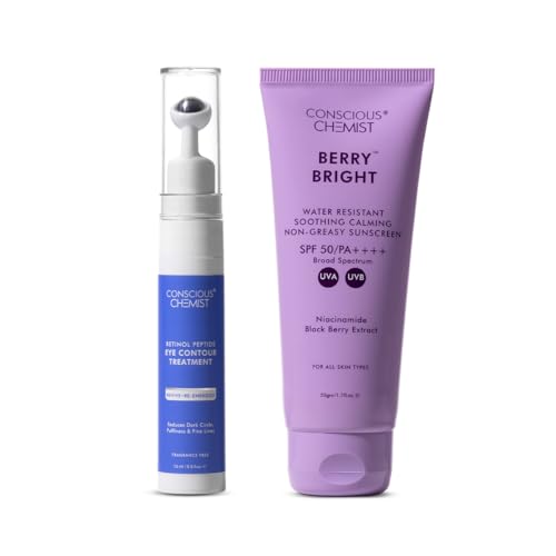 Image of Conscious Chemist Bright & Repair Duo | Berry Bright Sunscreen & Under Eye Cream | Protects from UV Damage, Reduces Dark Circles & Fine Lines | With Niacinamide, Retinol & Peptides for Brighter, Youthful Skin | For Men & Women, All Skin Types (Pack of 2)