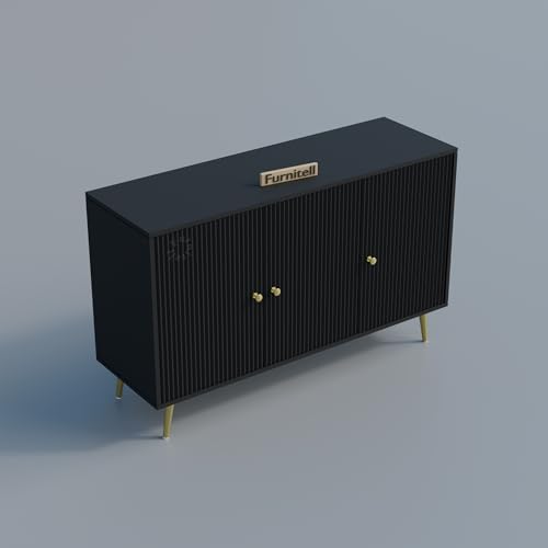 Image of Wooden Storage Cabinet for Living Room & Bedroom | Fluted Design Sideboard Cabinet with 3 Doors Storage Unit | Multipurpose Organizer for Entryway | HDMR Premium Wood | Gold Legs (Black)