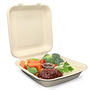 Biodegradable To Go Food Containers – Heavy Duty Disposable Clamshell Take Out Boxes with Lids. Designed for Restaurant Delivery or Home (8×8 Clamshell Container 100pck)