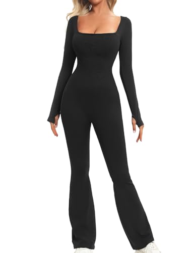 UMIPUBO Mono Deportivo Mujer Manga Larga Yoga Jumpsuit Monos de Vestir Ajustado Elásticos Bodysuit Overol Traje de Una Pieza para Fitness Yoga(Negro,S)