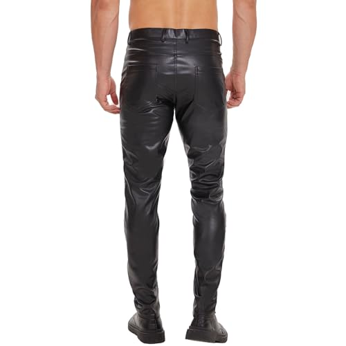Mens Shiny Leather Pants, Soft Matte, Sexy Zipper Open Crotch, Male Casual Trousers Black3