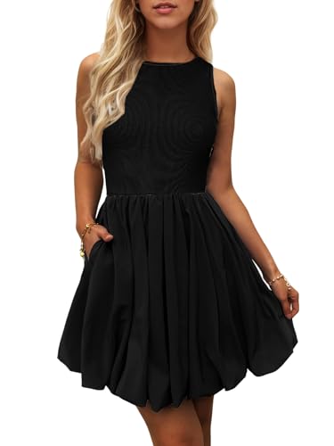 Women's Casual Bubble Mini Dress with Pockets Sleeveless Bubble Hem Striped Tank Short Dresses Summer