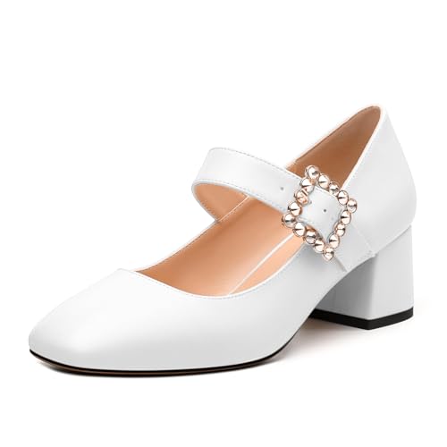 Women's Pumps, Square Toe Chunky Heel Mary Jane Shoes, Rhinestones Buckle Backstrap Fashion Pumps for Dating Working Daily