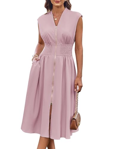 Image of GRACE KARIN Womens Summer Casual Dress, Business Office Work Dresses, Cap Sleeve Zipper Front Flowy Midi Dress with Pockets