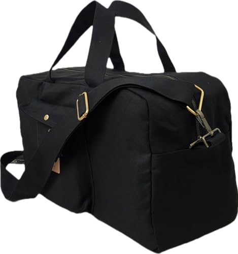 Papyrus Canvas Duffel Bag (Medium 50x20x28cm(35 L) with YKK Metal Zipper and Antique Hardware, Travel Weekender Bag with Front Pocket and Adjustable Shoulder Strap (Black)