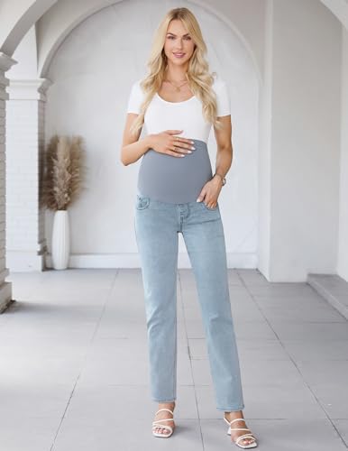 Poshglam C-MB110-LBU-M Women'S Maternity Jeans Straight Leg Slim Relaxed Jeans Comfy Stretch Denim Pants thumb #3