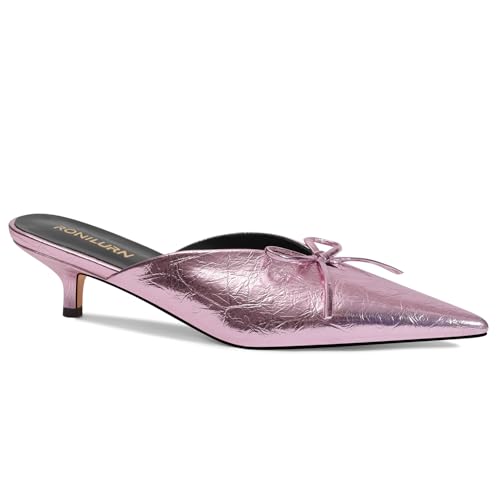 Kitten Heels for Women Heeled Mules Stiletto Pumps Bow Closed Toe Pointed Toe Low Heel Slip on Fashion Metallic Backless Prom Party Dressy