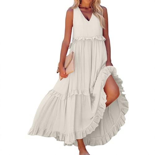 Milkmaid Dress Plus Size,Elegant Women's Sleeveless Maxi Boho Dress with V-Neck and Ruffle Hem Perfect for Summer Parties and Beach Outings（Medium,01-Beige）