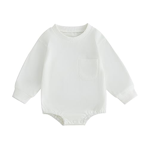 Image of Hoanselay Newborn Infant Baby Boy Girl Basic Plain Pocket Long Sleeve Romper Bodysuit Tops Solid Fall Outfit Clothes