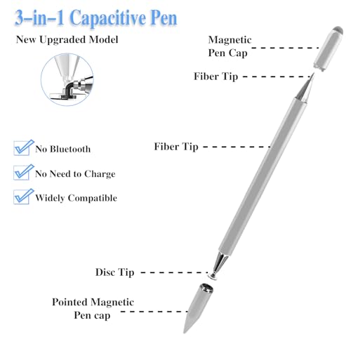 Image of 3 in 1 Universal Stylus Pen for Touchscreen,High Sensitivity & Precision Capacitive Stylus Pen for iPad Suitable for All Touch Screens of Switch /iPhone /iPad /Android /Samsung Galaxy /Tablets-Sliver