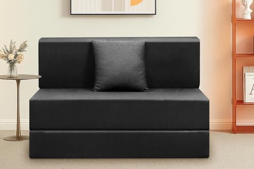 Image of Foldable 1-Seater, 3X6 Sofa Bed | Convertible Sofa Cum Bed with Cushion Jute Fabric Perfect for Living Rooms & Guest Rooms - Black