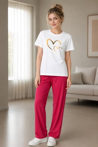 Image of ELVIA Women's Pure Cotton Top and Pyjama Co-Ord Set | Double Heart Graphic Printed Night Suit | Regular Fit Half Sleeve Round Neck T-Shirt with Pajama Sleepwear Loungewear Set