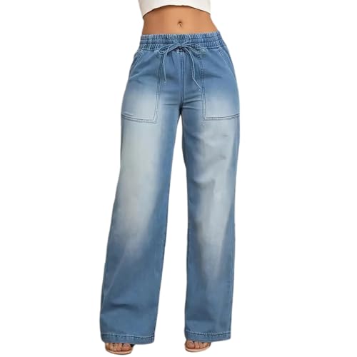 cffvdiz Wide Leg Jeans for Women High Waist Baggy Trendy Denim Pants Elastic Waistband Straight Leg Jeans
