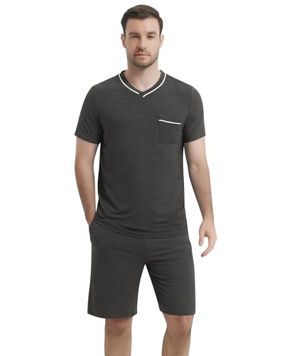 Image of NACHILA Pajamas Set for Men-Viscose Made from Bamboo, Short Sleeve Sleepwear Cool Pjs with Shorts Pants Soft Loungewear