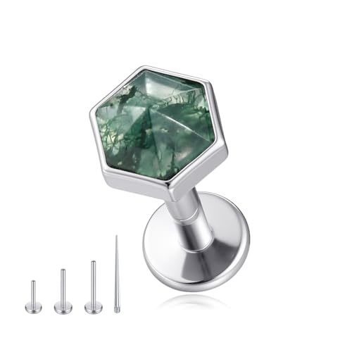 FRAGRANS Flat Back Earrings Hypoallergenic Cartilage Earrings for Women Men Helix Tragus Conch Piercing Jewelry 16g Moss Agate Hexagona Titanium Labret Lip Studs Ear Rings Medusa Daith Nose Rings