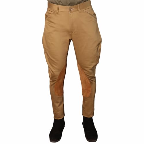 Men's Cotton Lycra Leather Kneepatch Breeches Pants Stretch Airship Jodhpurs Slub Cosplay Costume Equestrian Riding Viking (Color:Khaki Camel | Size:32)