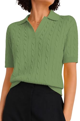 Image of QUALFORT Cable Knit Women's Short Sleeve Sweater Soft V Neck Polo Tops