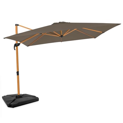 VONROC Parasol Déporté Premium Pisogne 300x300cm – Toile UPF 50+ | Rotation 360° & Inclinaison Totale | Structure Aluminium Inox | Housse + 4 Dalles Triangulaires Incluses | Aspect Bois – Taupe