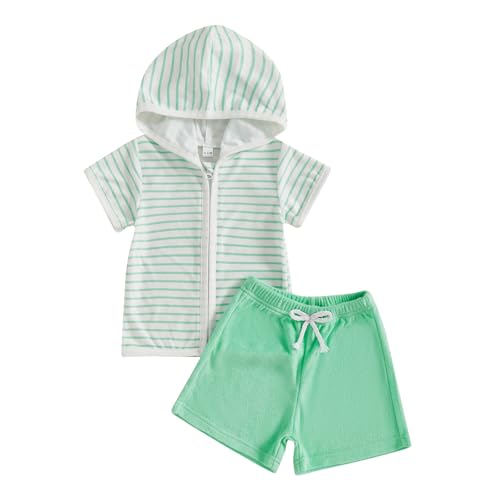 AHUGHAUE Toddler Boy Girl Swimsuit Coverups Zip Up Bathing Suit Short Sleeve Hooded Shirt Shorts Set Swimwear Beach Cover Up (Green, 6-12 Months)